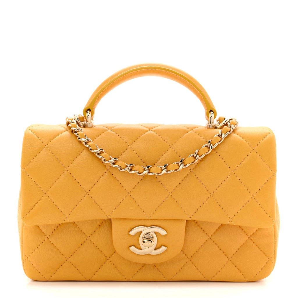 Chanel Lambskin Quilted Mini Top Handle Rectangular Flap Yellow