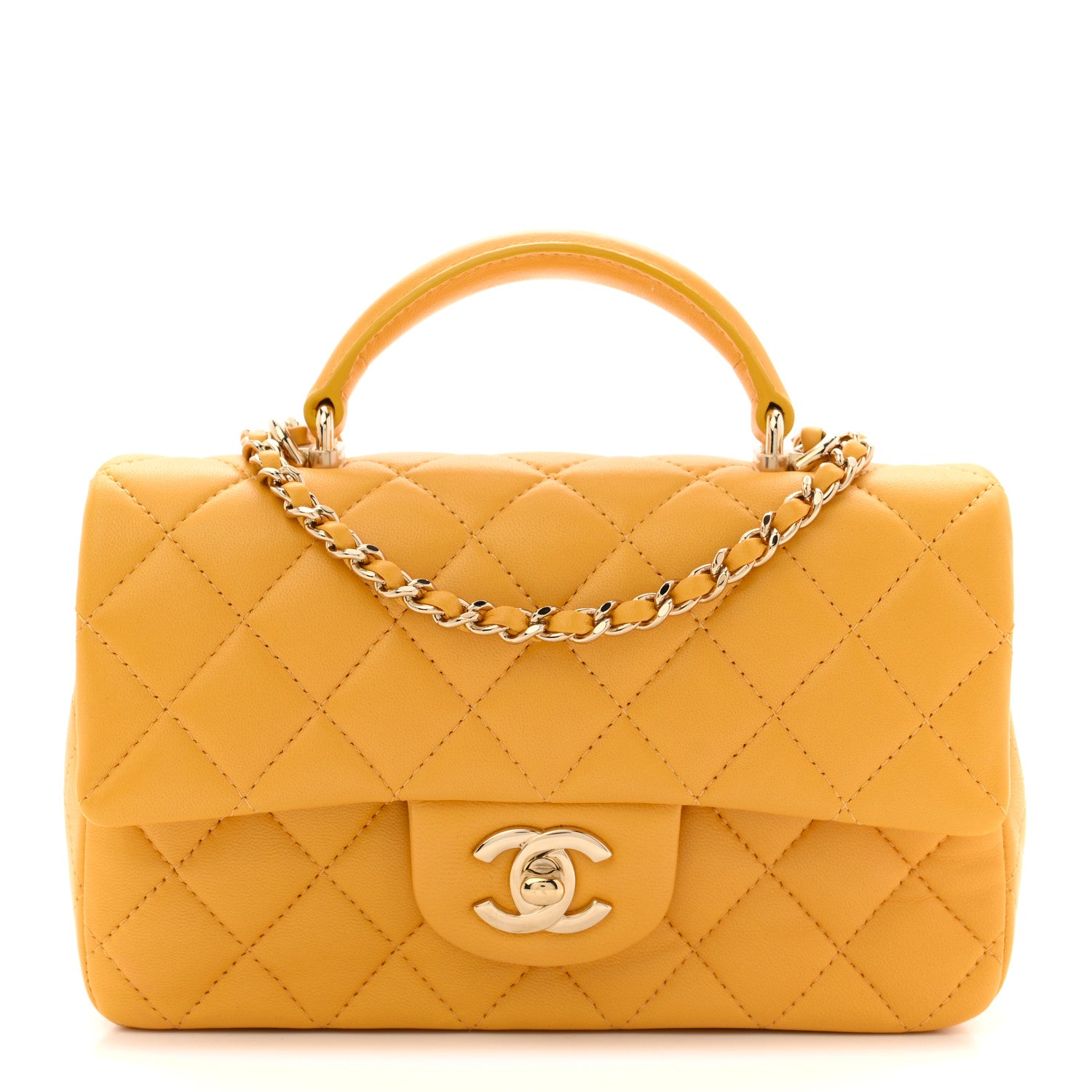 Chanel Lambskin Quilted Mini Top Handle Rectangular Flap Yellow