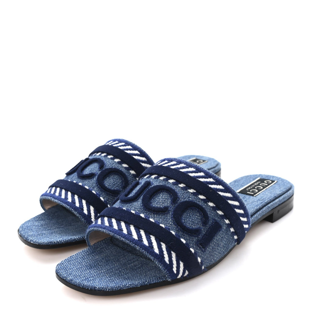 Gucci Plain Spain Denim Logo Slide Sandals 37.5 Light Blue