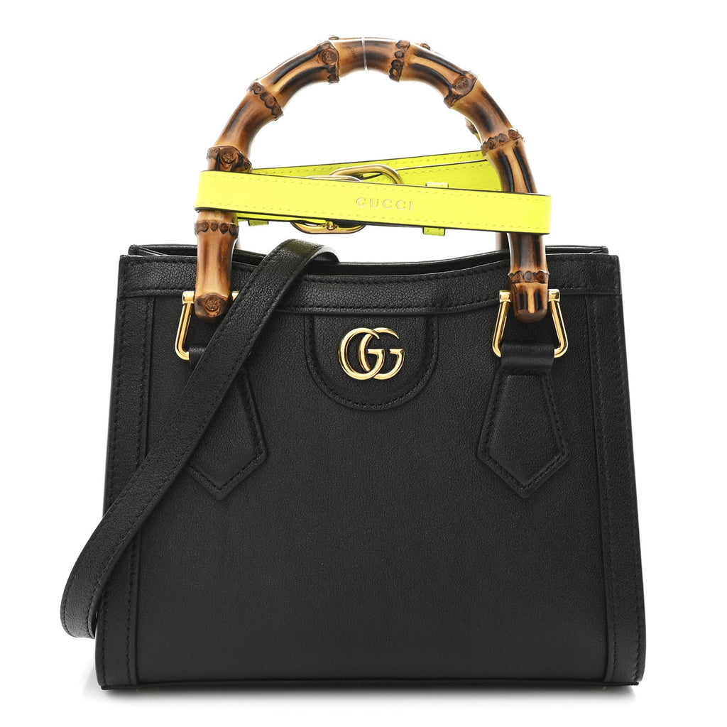 Gucci Wonka Grain Calfskin Mini Diana Tote Bag Black Yellow Fluo
