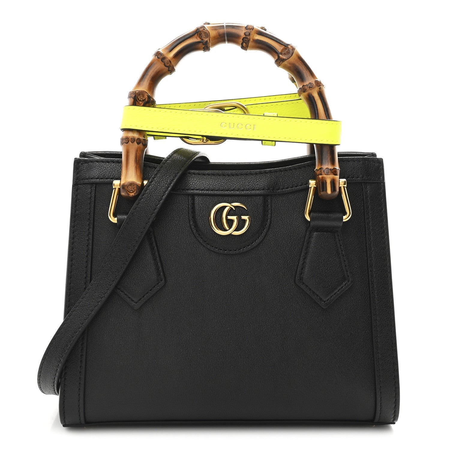 Gucci Wonka Grain Calfskin Mini Diana Tote Bag Black Yellow Fluo