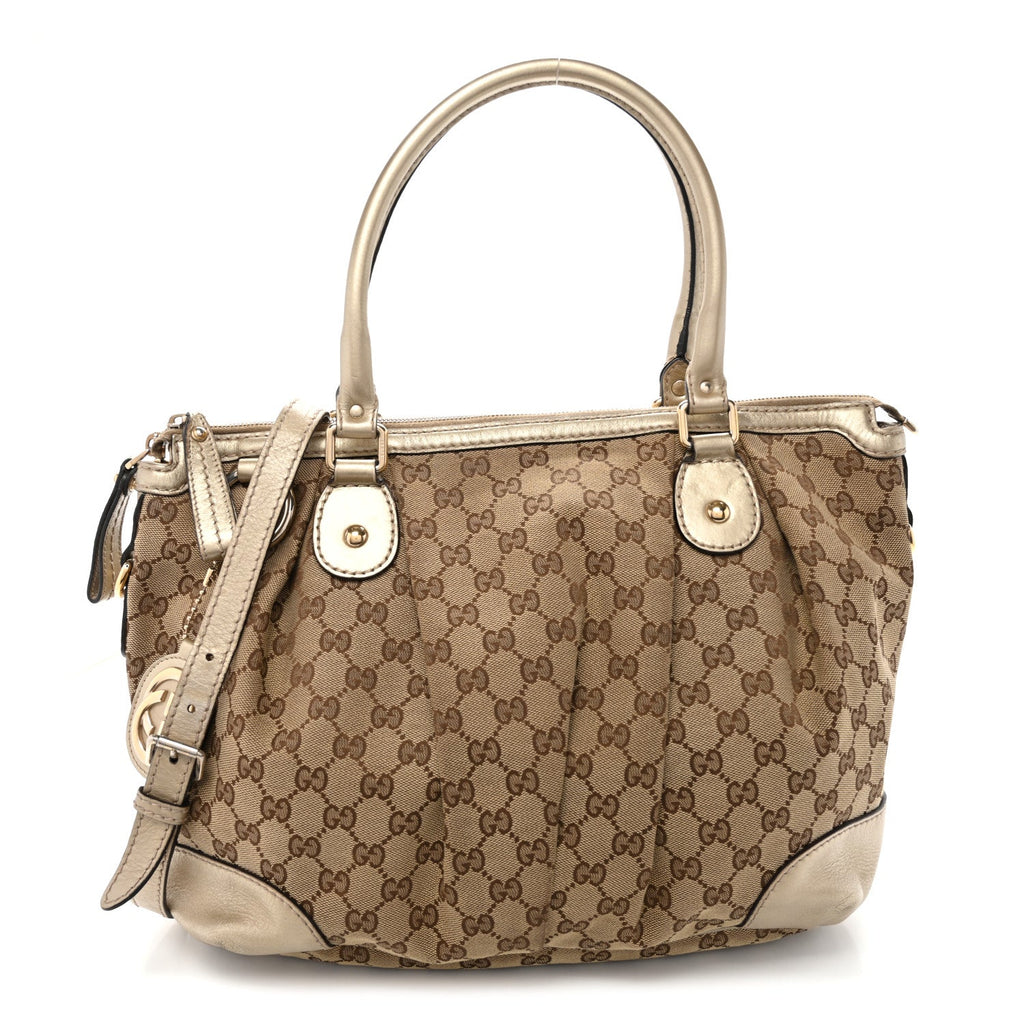 Gucci Metallic Monogram Large Sukey Top Handle Bag Beige Gold