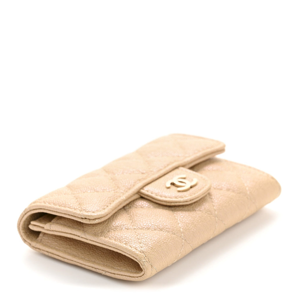 Iridescent Caviar Quilted Flap Card Holder Beige