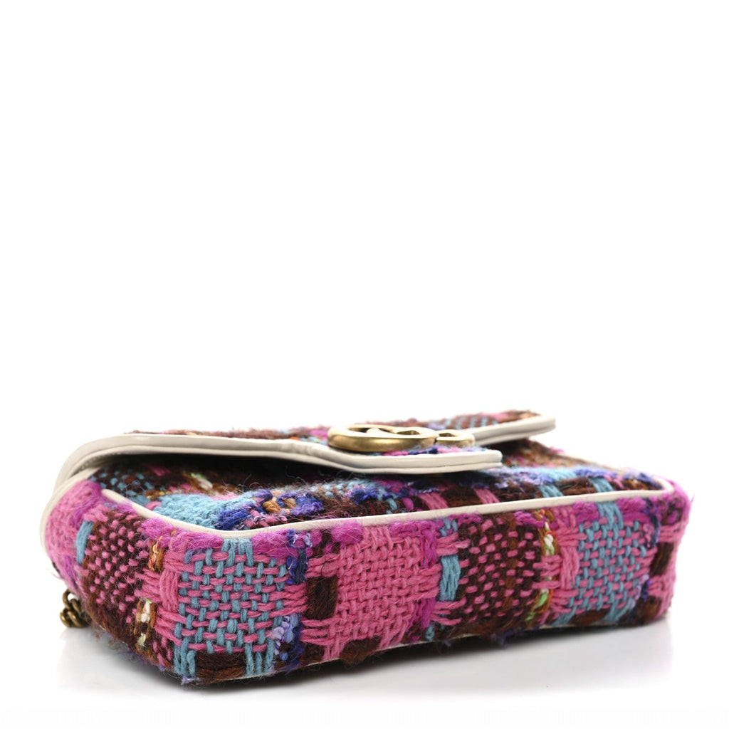 Gucci Tweed Calfskin Spicy Check Super Mini GG Marmont Shoulder Bag Pink Multicolor Mystic White
