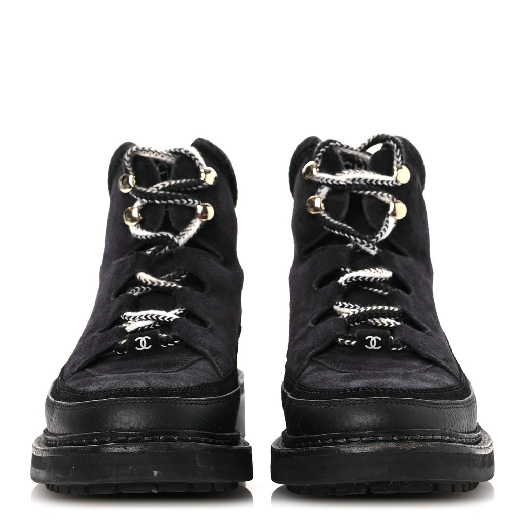 Chanel Suede Grained Calfskin CC Lace Up Boots 38 Black