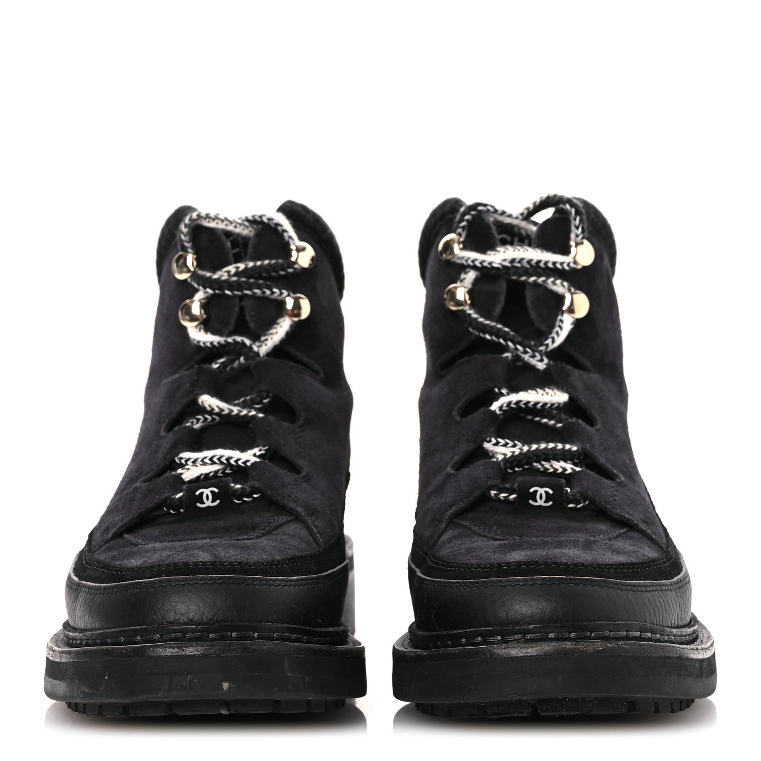 Chanel Suede Grained Calfskin CC Lace Up Boots 38 Black