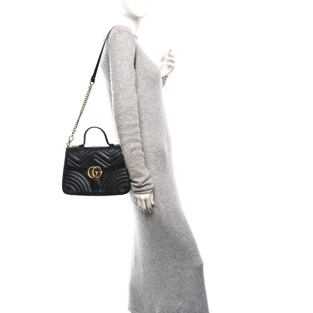 Gucci Calfskin Matelasse Small GG Marmont Top Handle Shoulder Bag Black