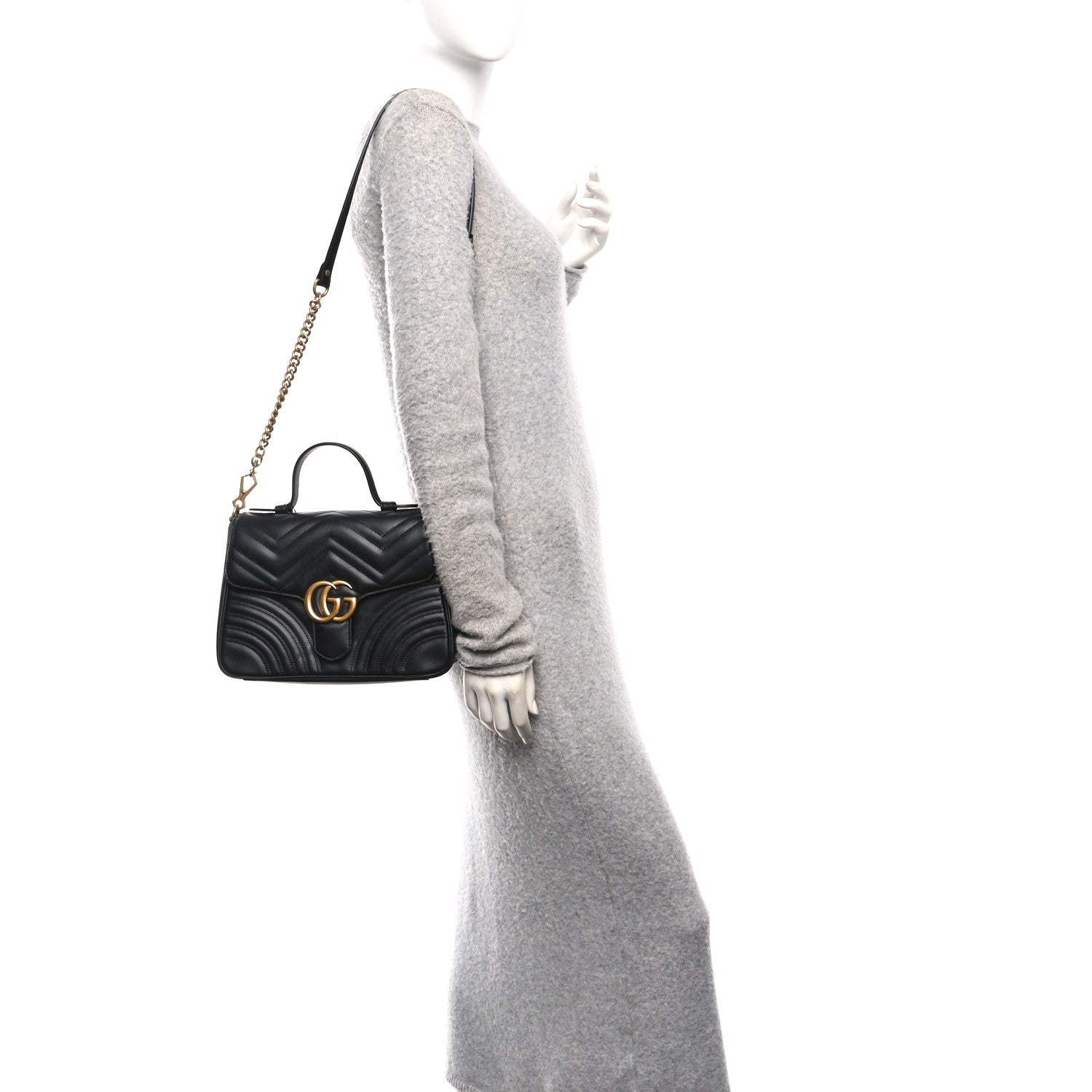 Gucci Calfskin Matelasse Small GG Marmont Top Handle Shoulder Bag Black