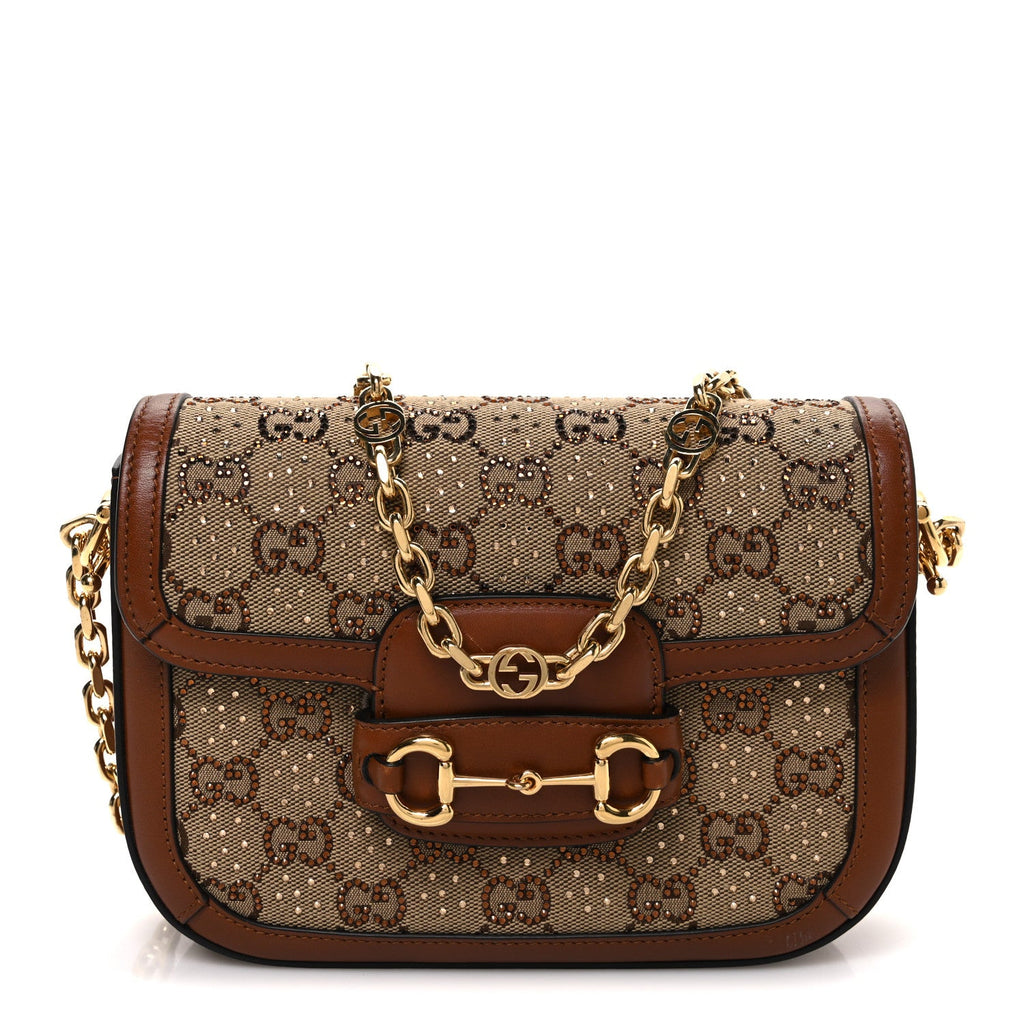 Gucci New Canvas Charisma Calfskin Crystal GG Monogram Mini Horsebit 1955 Shoulder Bag Camel Ebony