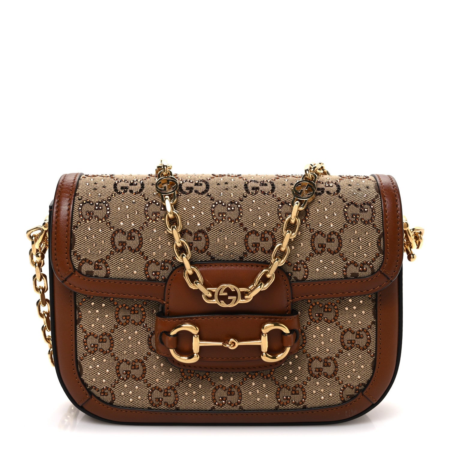 Gucci New Canvas Charisma Calfskin Crystal GG Monogram Mini Horsebit 1955 Shoulder Bag Camel Ebony