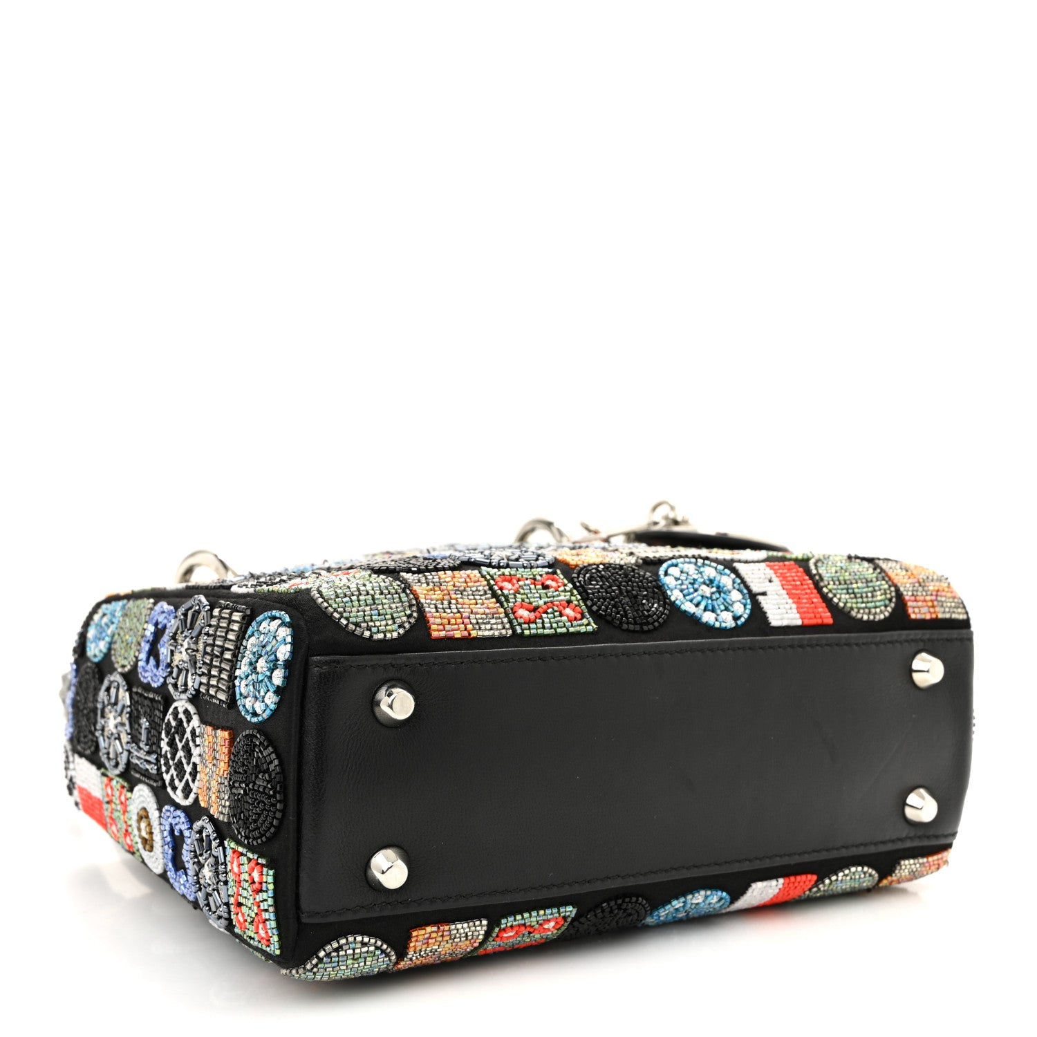 Christian Dior Satin Lambskin Embroidered Beaded Mini Lady Dior Black Multicolor
