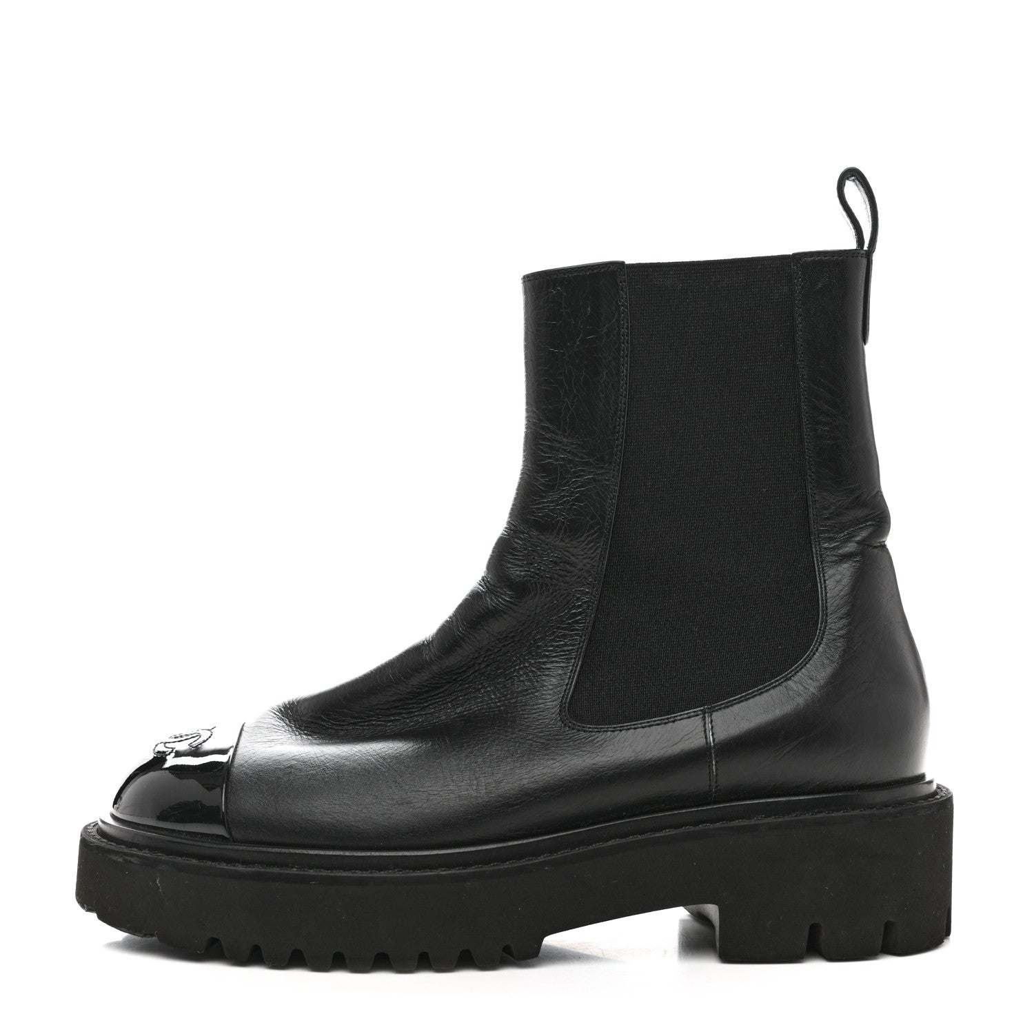 Crumpled Calfskin Patent Cap Toe Short Boots 39.5 Black