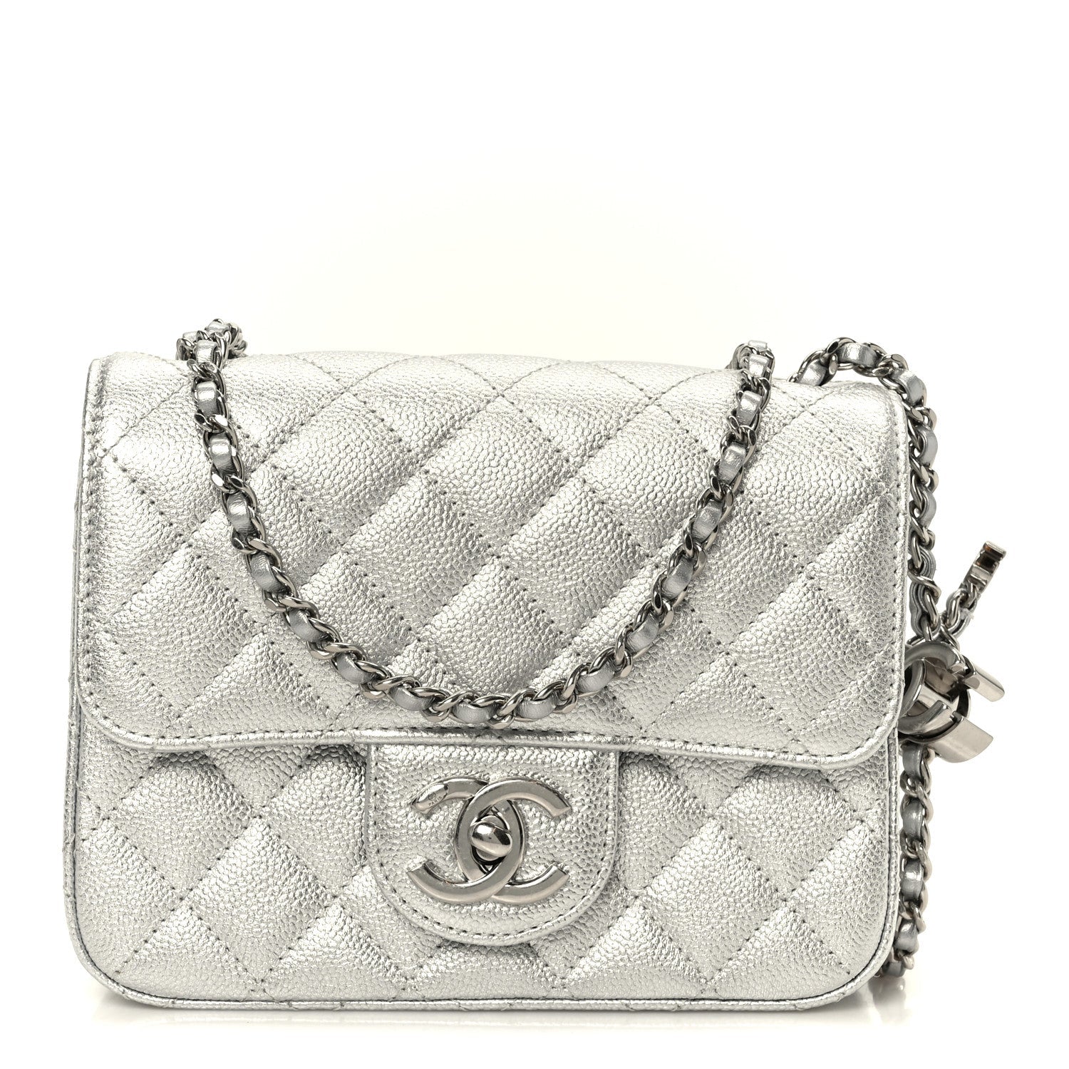 Chanel Metallic Caviar Quilted Mini Square CC Slide Flap Silver