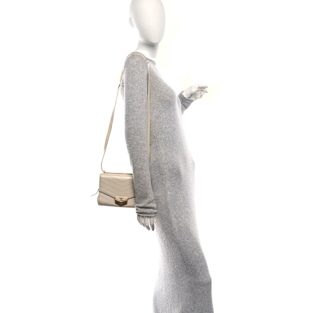 Chanel Calfskin Chevron Quilted Small Medal Flap White