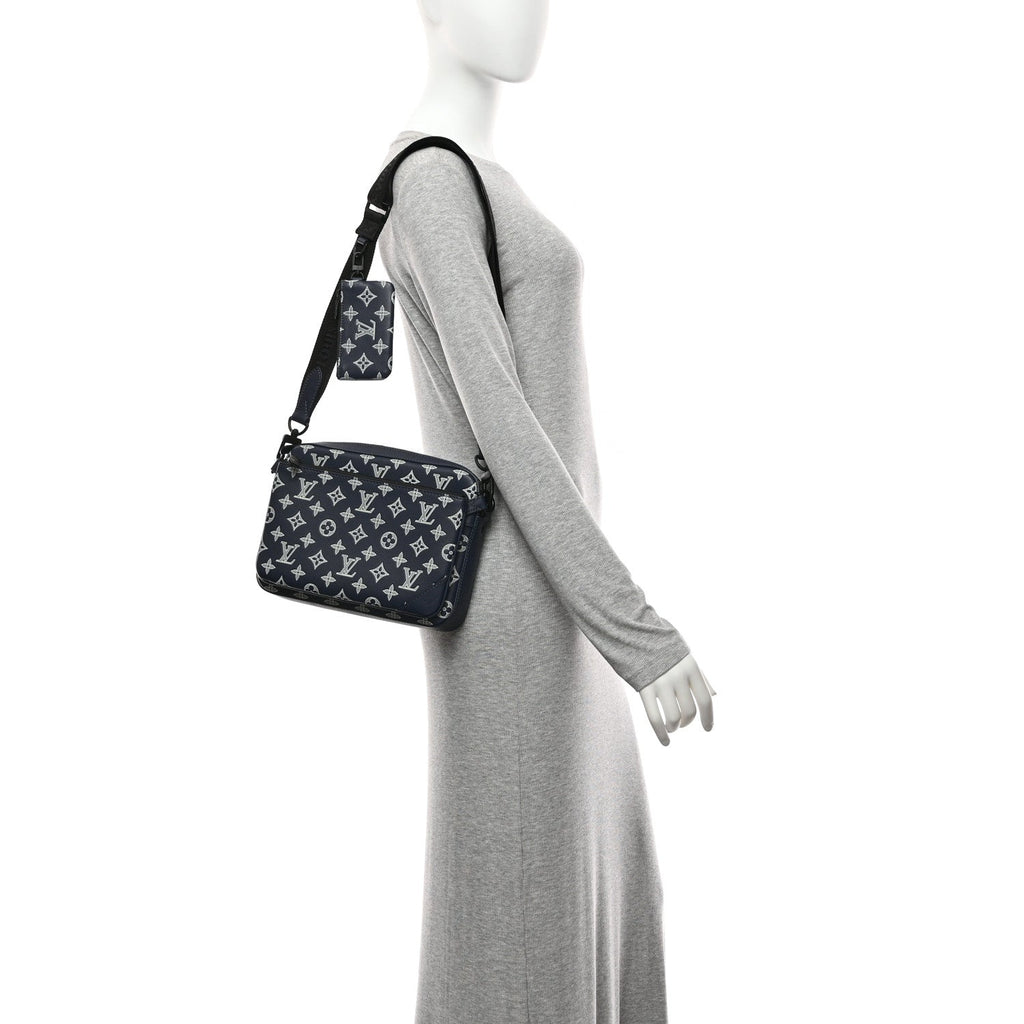 Louis Vuitton Calfskin Monogram Shadow Trio Messenger Navy White