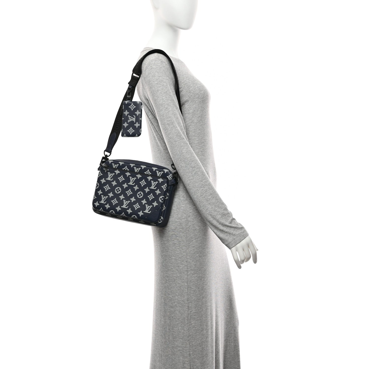Louis Vuitton Calfskin Monogram Shadow Trio Messenger Navy White