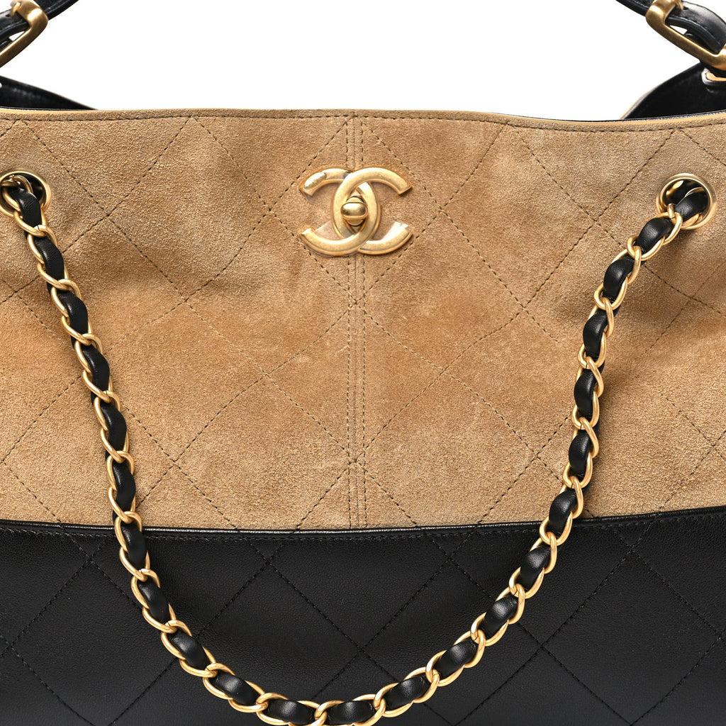 Chanel Suede Calfskin Shiny Lambskin Quilted Small Coco Base Shopping Bag Beige Black