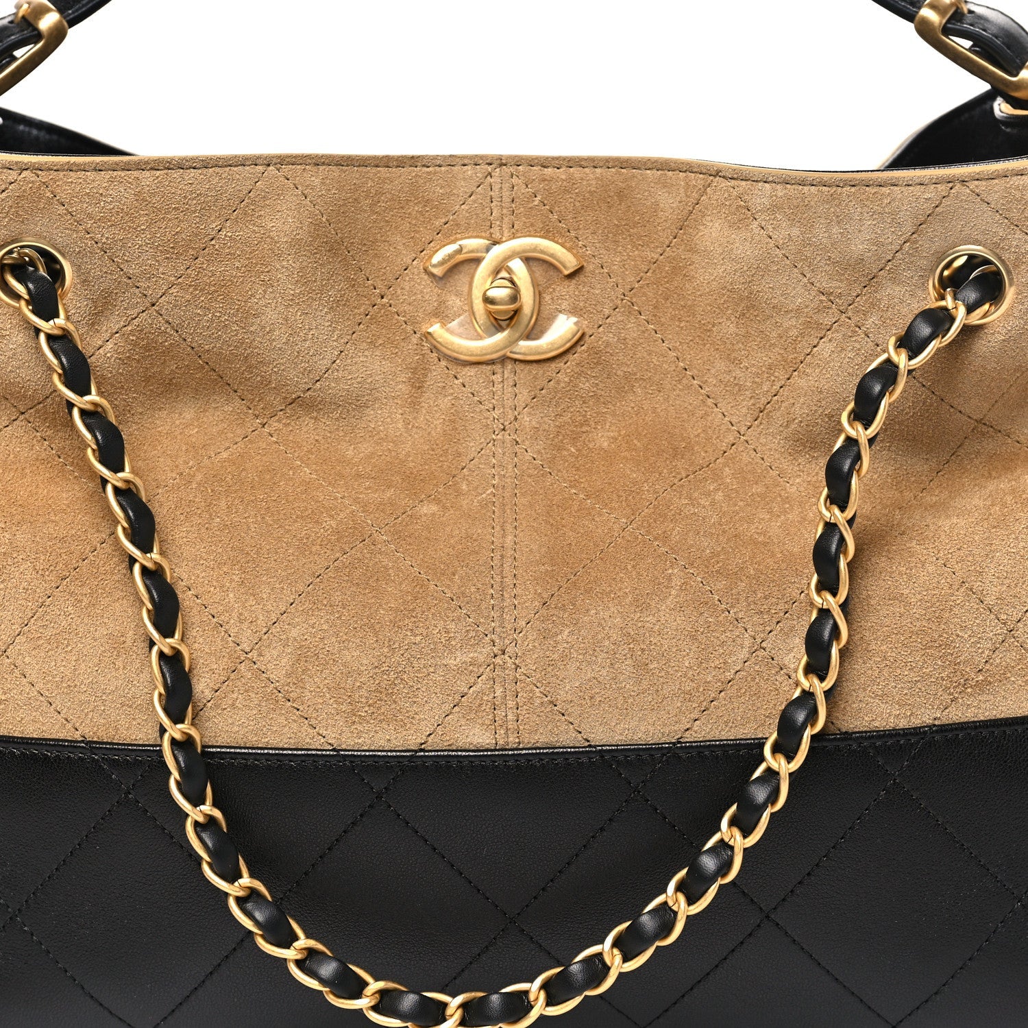 Chanel Suede Calfskin Shiny Lambskin Quilted Small Coco Base Shopping Bag Beige Black