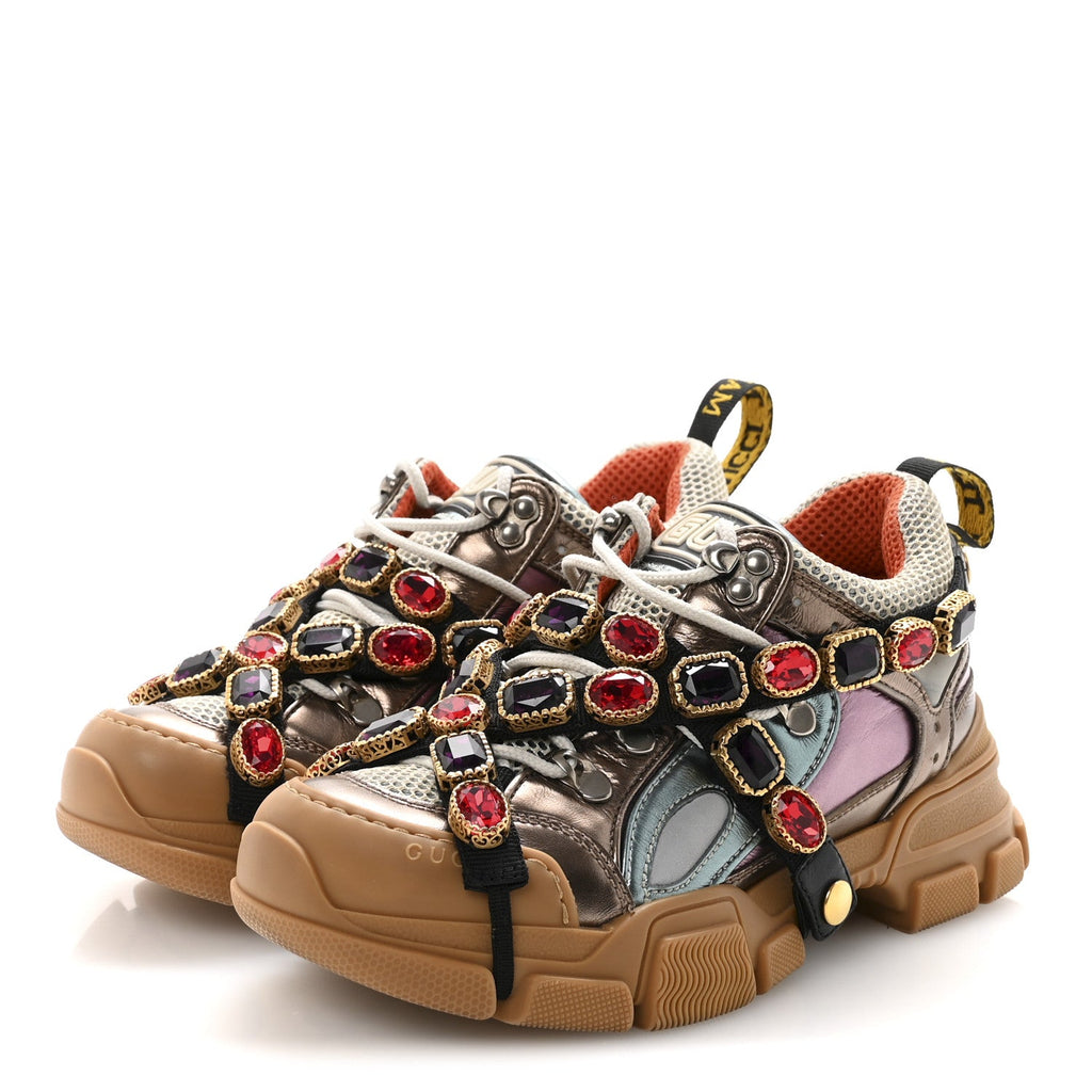 Gucci X SEGA Metallic Calfskin Mesh Removable Crystals Womens Flashtrek Sneakers 36 Rame Mystic White Lago
