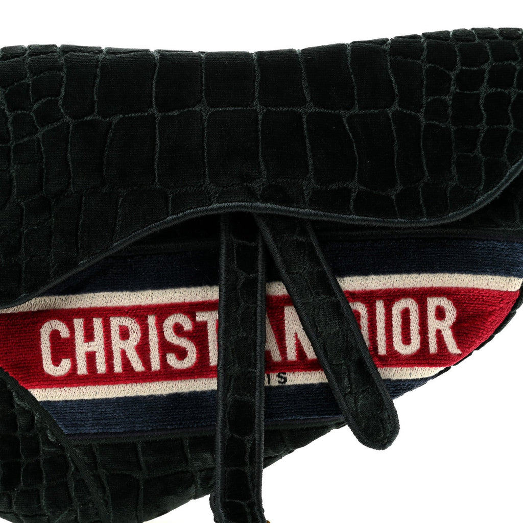 Christian Dior Velvet Crocodile Effect Saddle Bag Green