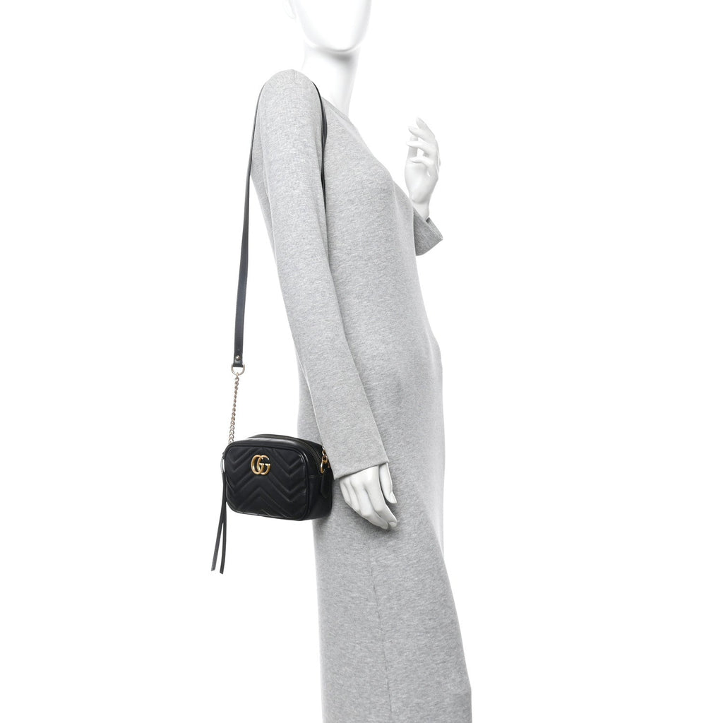 Gucci Calfskin Matelasse Mini GG Marmont Chain Shoulder Bag Black