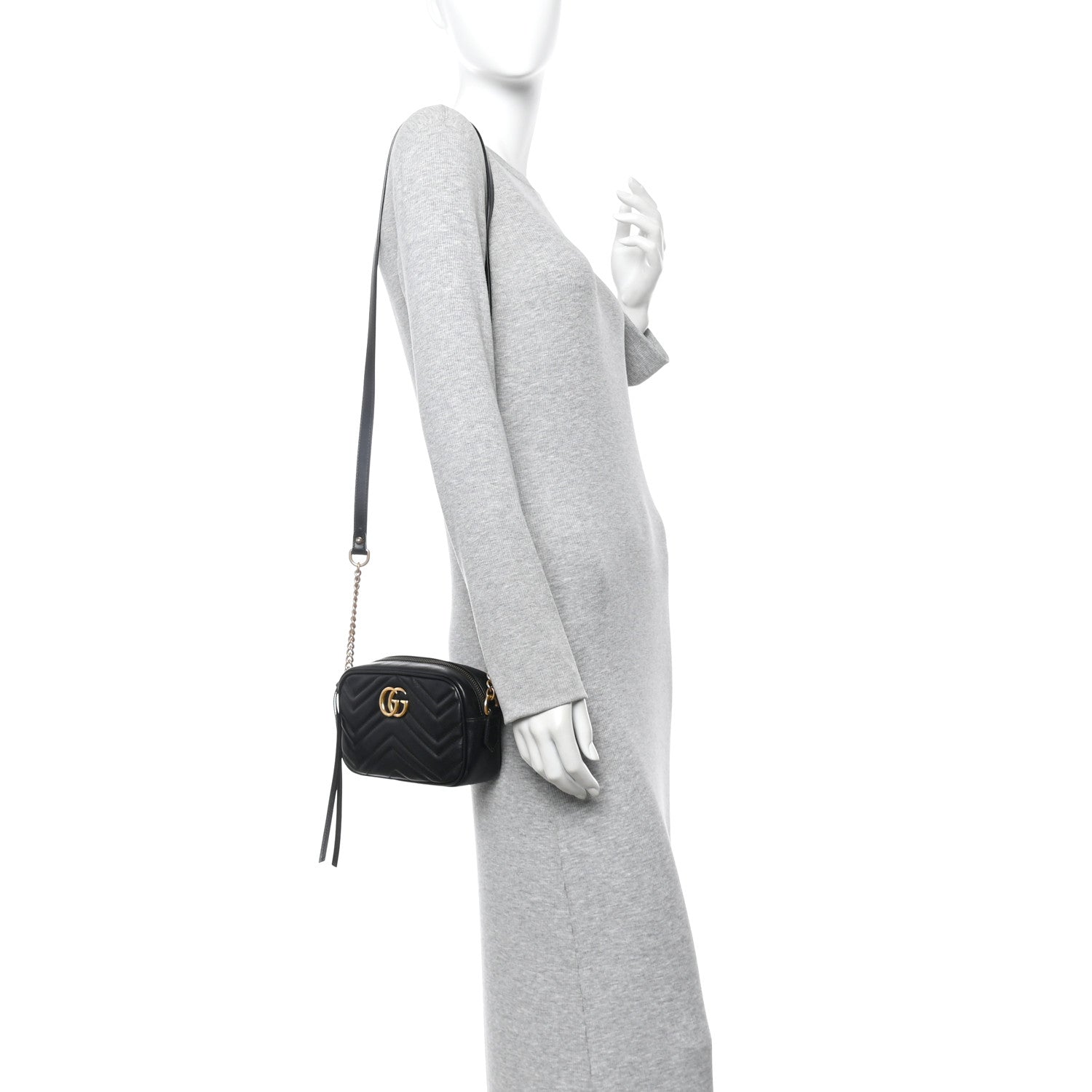 Gucci Calfskin Matelasse Mini GG Marmont Chain Shoulder Bag Black