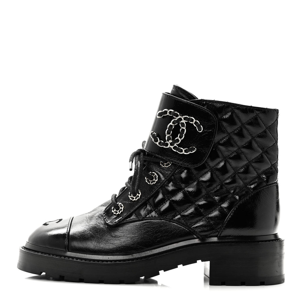 Chanel Shiny Lambskin Quilted Lace Up Combat Boots 38.5 Black