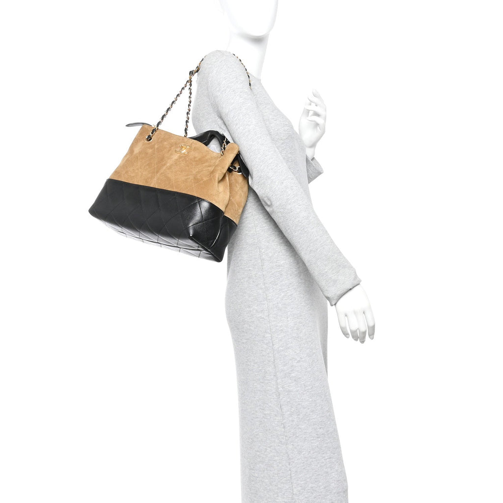 Chanel Suede Calfskin Shiny Lambskin Quilted Small Coco Base Shopping Bag Beige Black