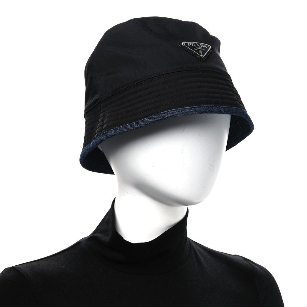 Prada Nylon Denim Metal Triangle Logo Bucket Hat S Black