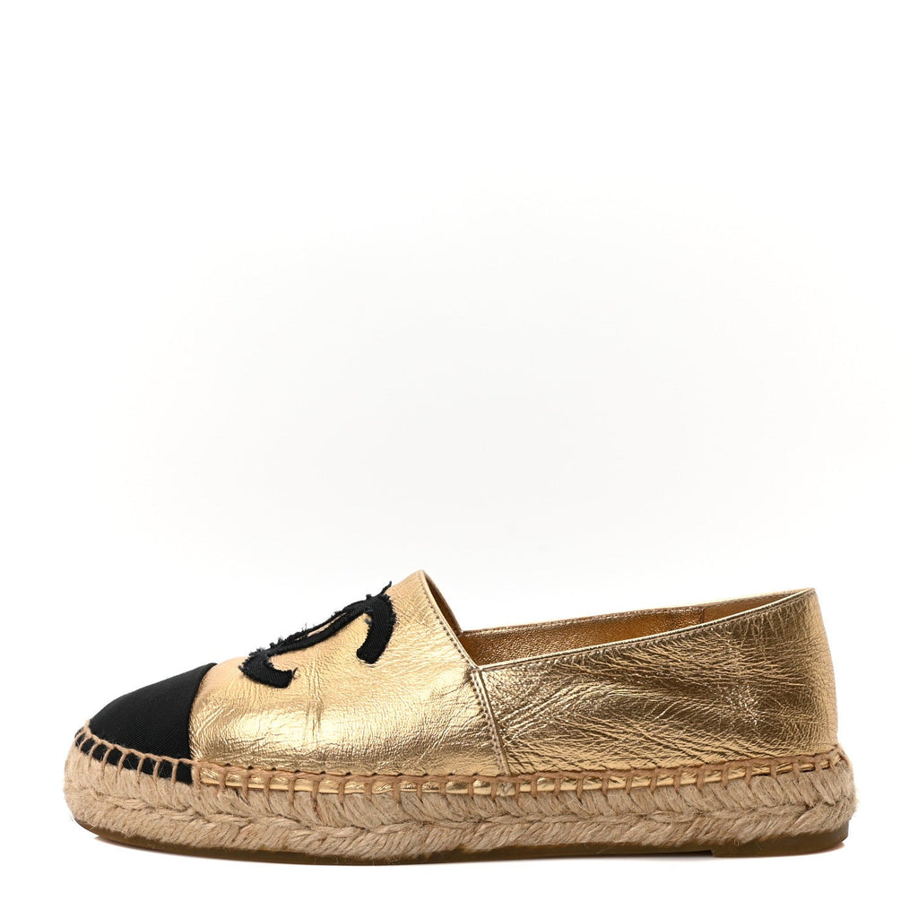 Laminated Lambskin Grosgrain CC Espadrilles 35 Gold Black
