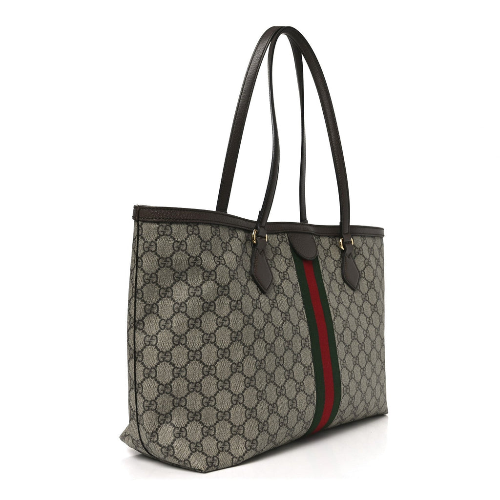 Gucci GG Supreme Monogram Textured Calfskin Web Medium Ophidia Shopping Tote Beige Ebony New Acero