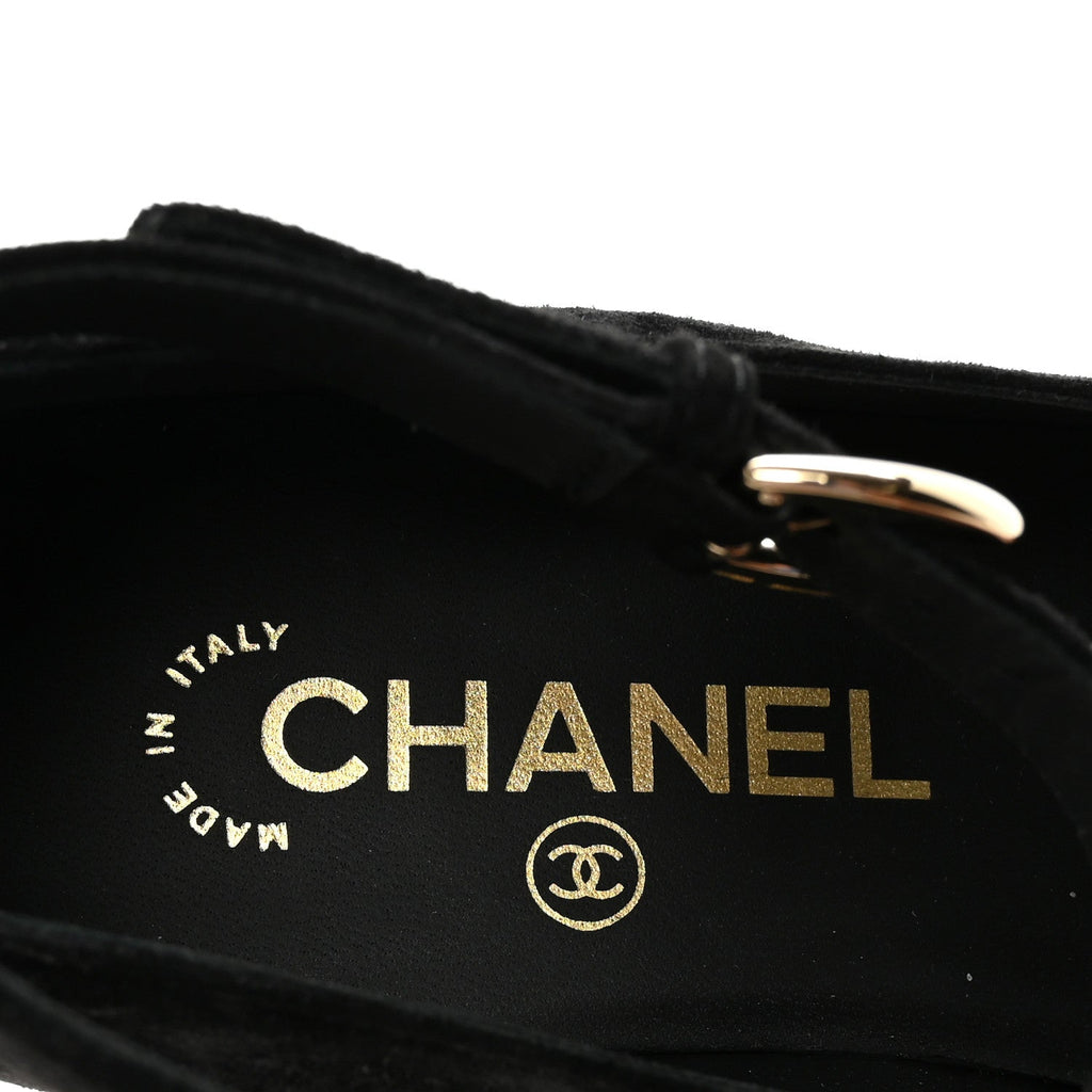 Chanel Suede Patent Cap Toe CC Mary Jane Flats 37 Black