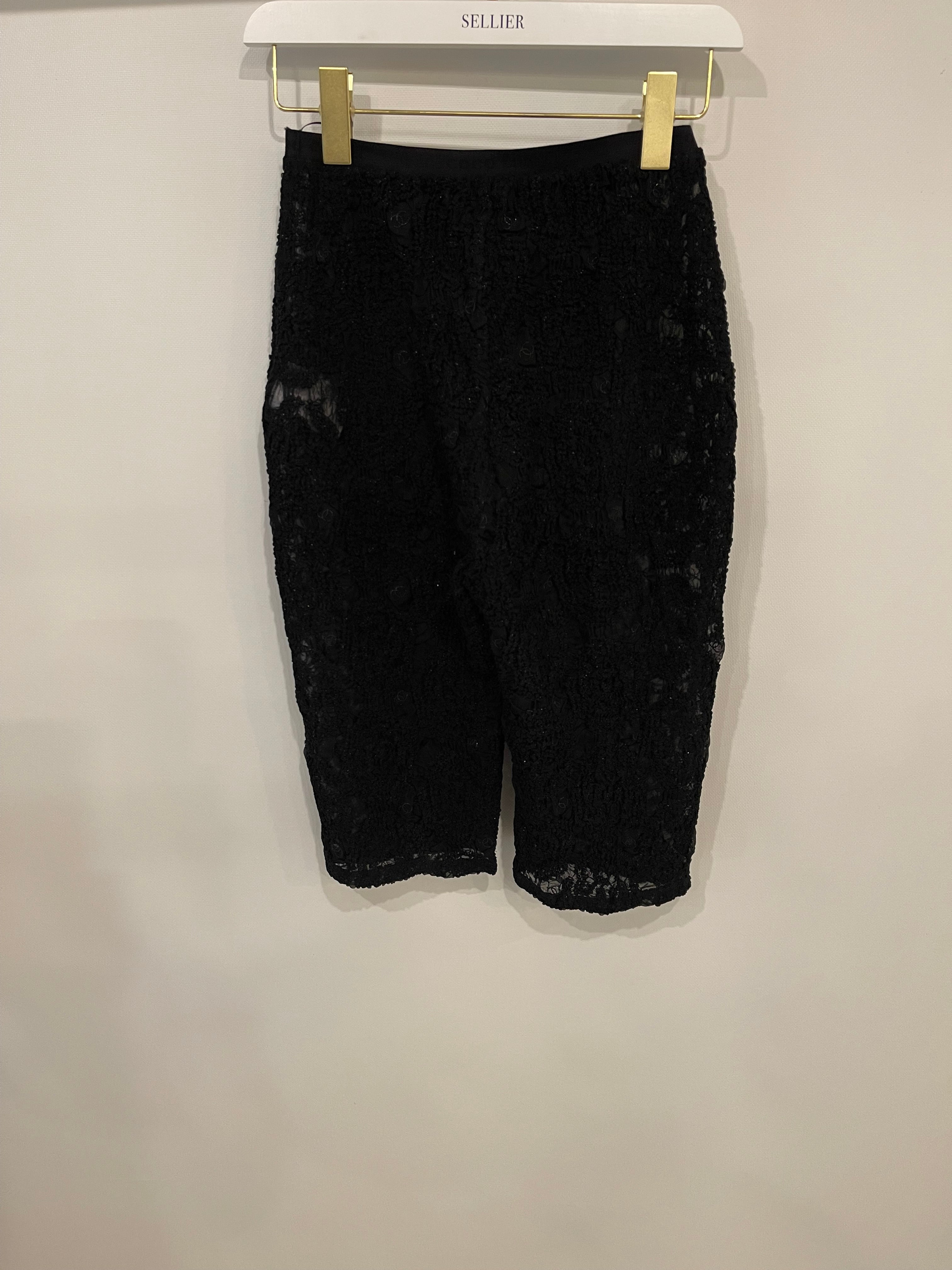 Chanel Black Lace Tulle Top and Cyclist Shorts Set with Camellia Details and Crystal CC Logos Size FR 34 (UK 6)