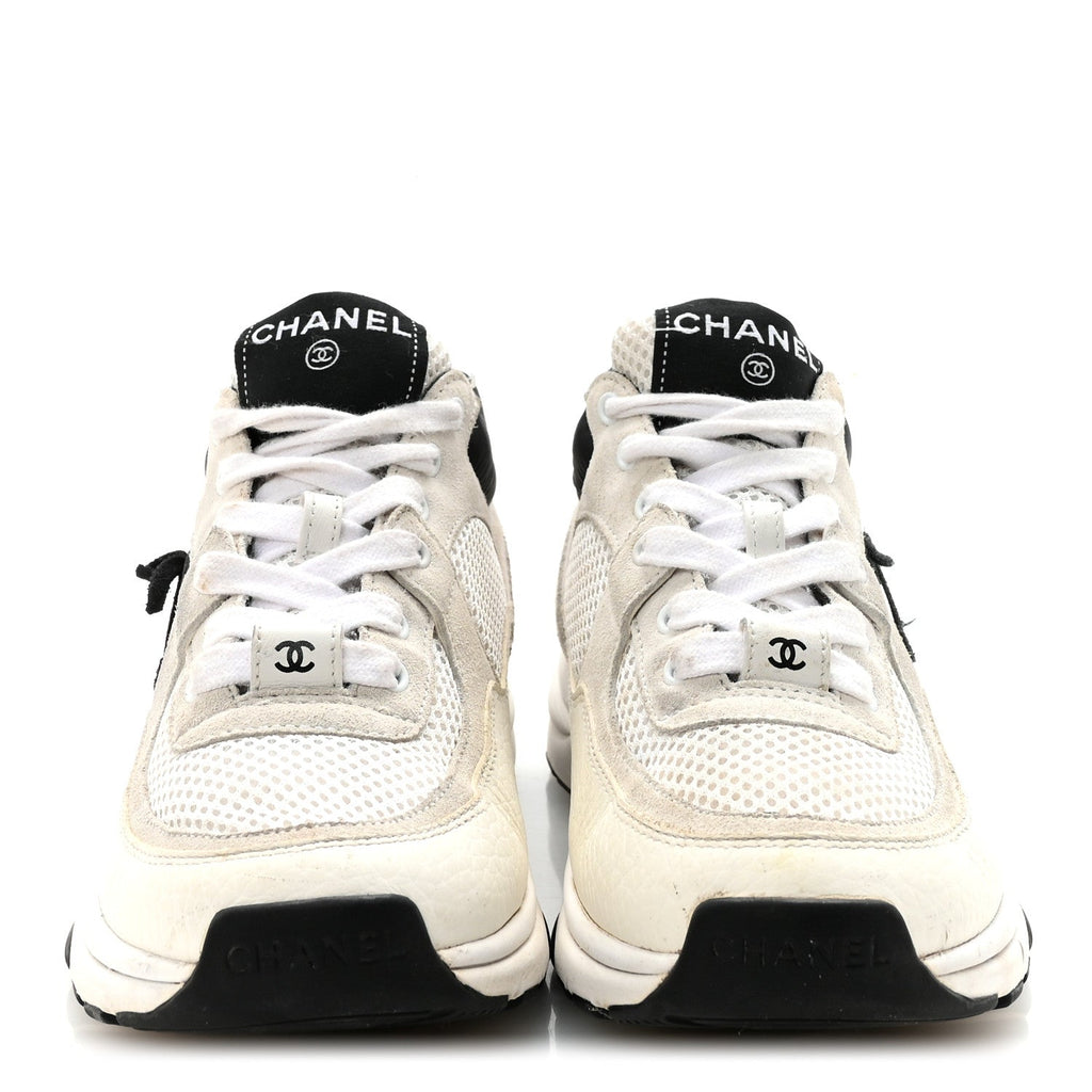 Mesh Suede Calfskin Grained Calfskin Womens CC Sneakers 36 White Black