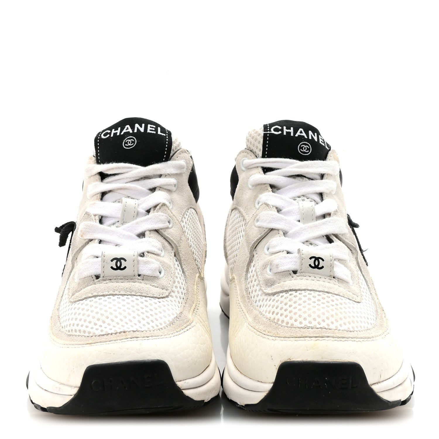 Mesh Suede Calfskin Grained Calfskin Womens CC Sneakers 36 White Black