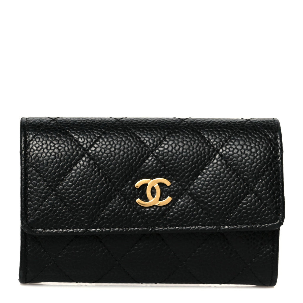 Caviar Quilted Flap Card Holder Wallet Black