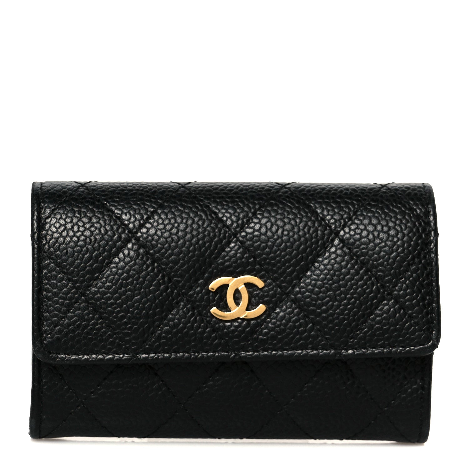 Caviar Quilted Flap Card Holder Wallet Black