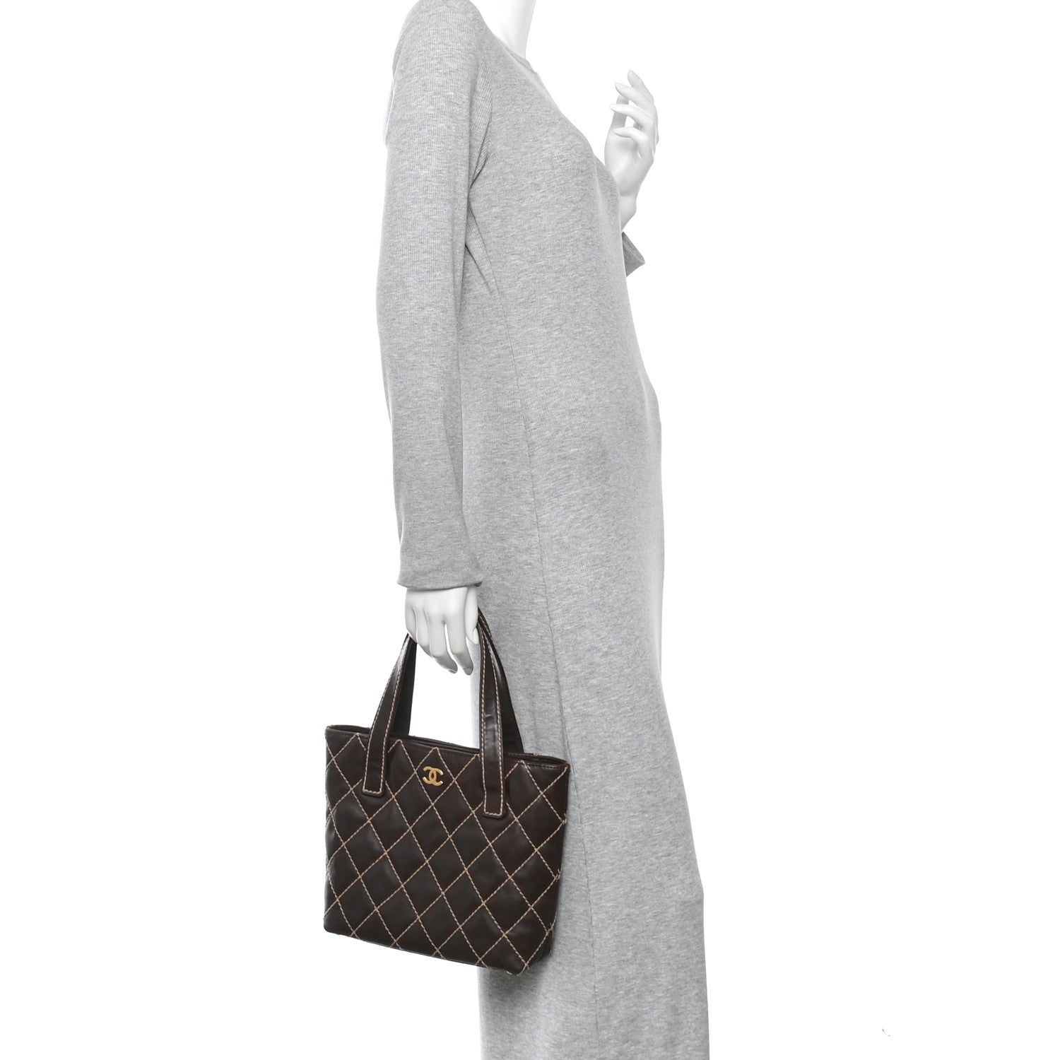 Chanel Calfskin Wild Stitch Tote Brown