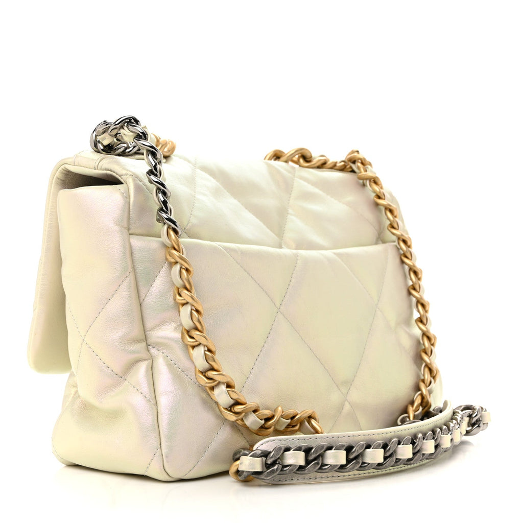 Chanel Iridescent Calfskin Quilted Large Chanel 19 Flap White