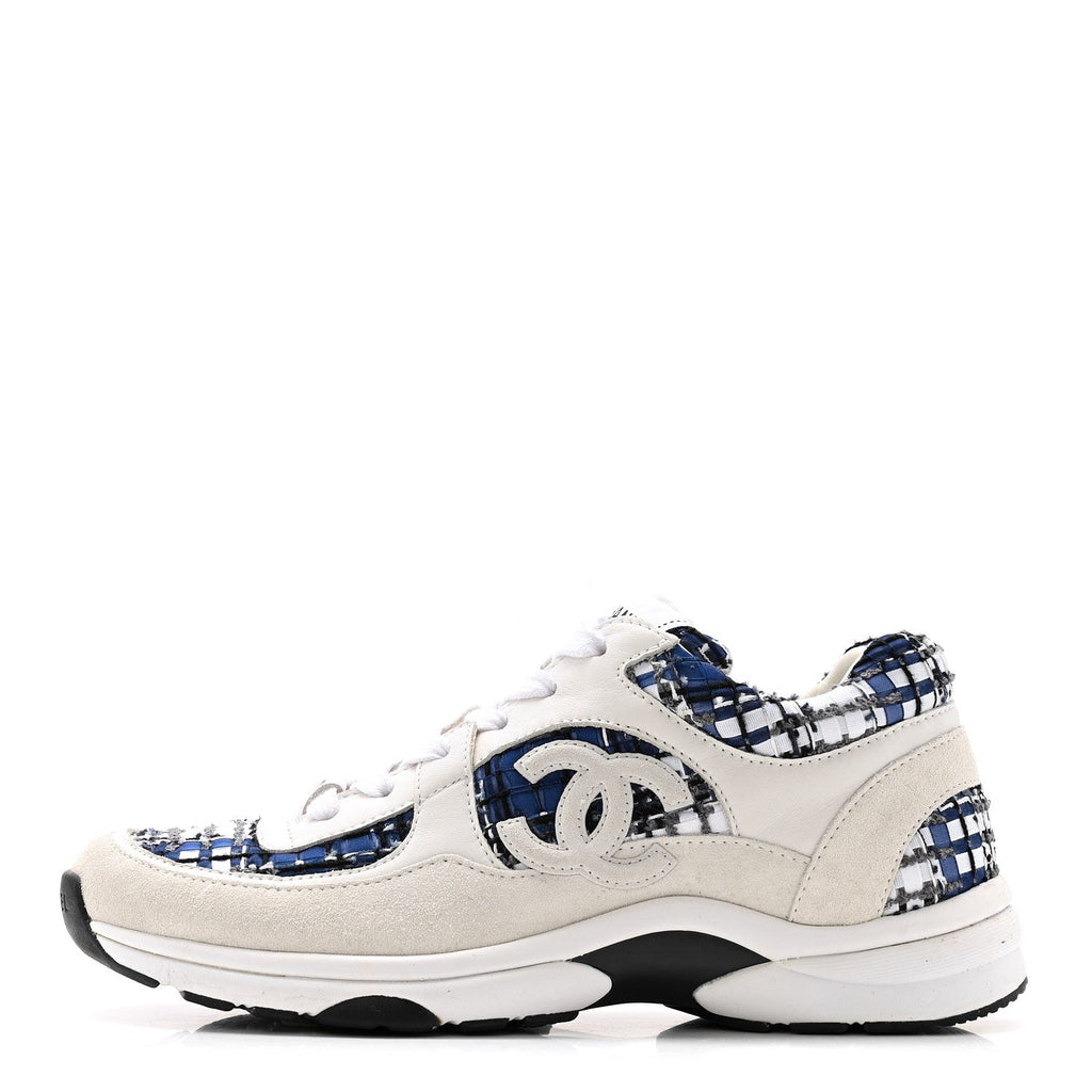 Chanel Tweed Suede Calfskin Womens CC Sneakers 38 Dark Blue Black Grey White