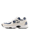 Chanel Tweed Suede Calfskin Womens CC Sneakers 38 Dark Blue Black Grey White