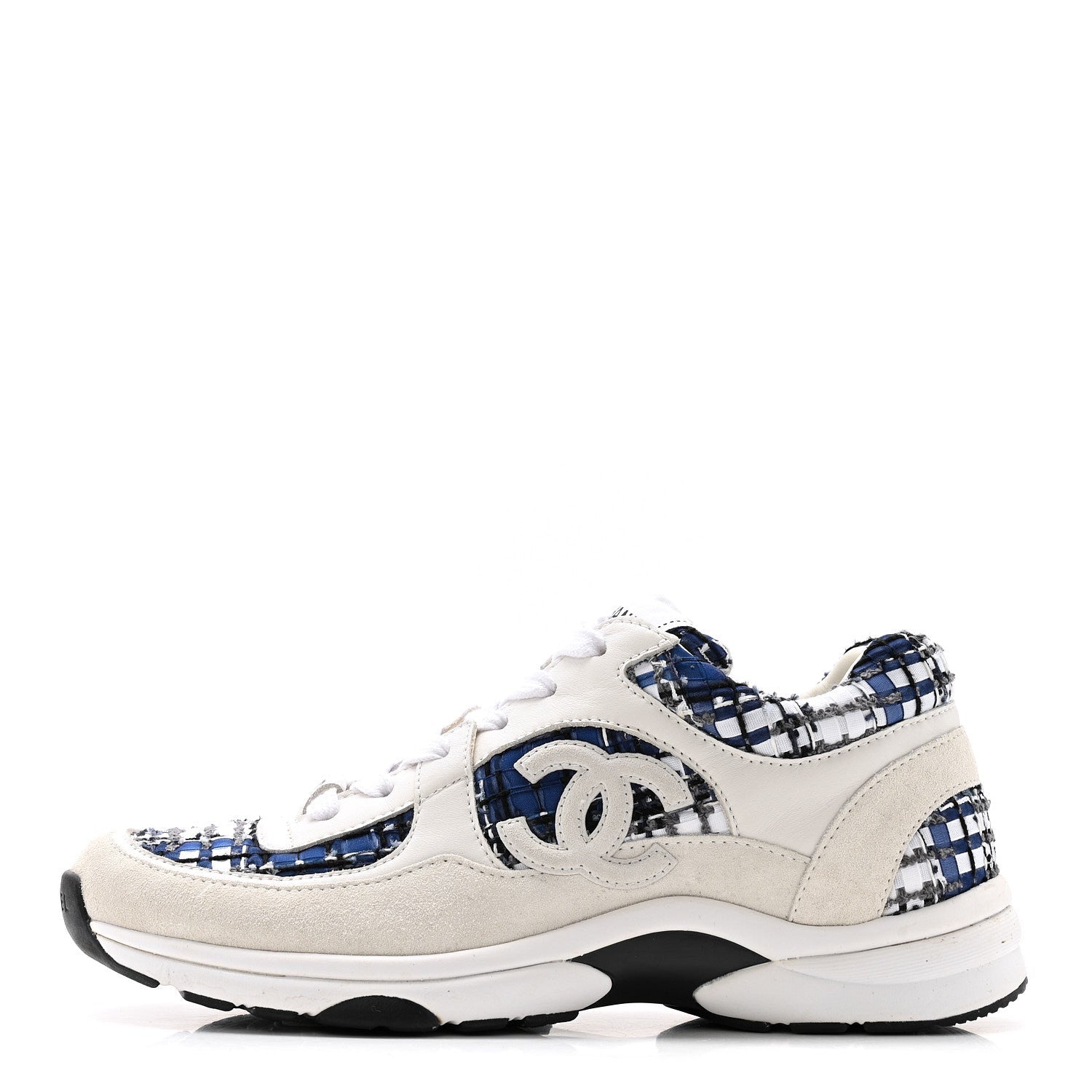 Chanel Tweed Suede Calfskin Womens CC Sneakers 38 Dark Blue Black Grey White
