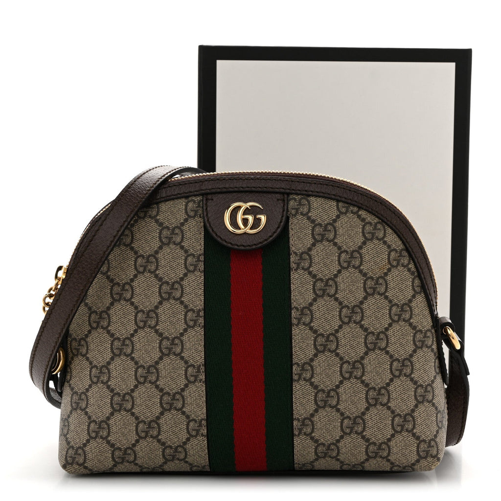 Gucci GG Supreme Monogram Textured Dollar Calfskin Web Small Ophidia Dome Shoulder Bag Beige Ebony New Acero
