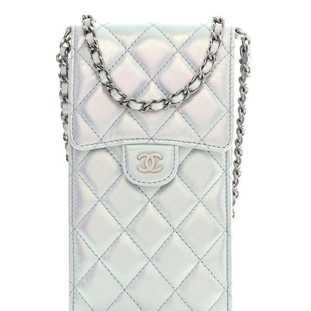 Chanel Iridescent Lambskin Quilted CC Phone Holder Blue