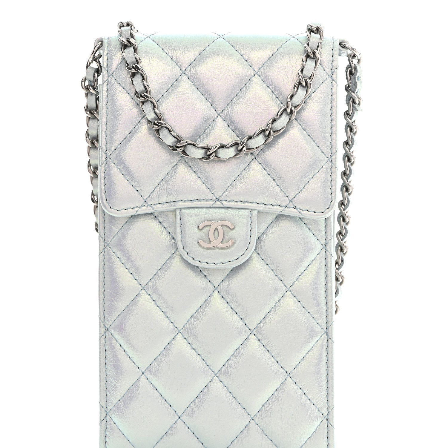 Chanel Iridescent Lambskin Quilted CC Phone Holder Blue
