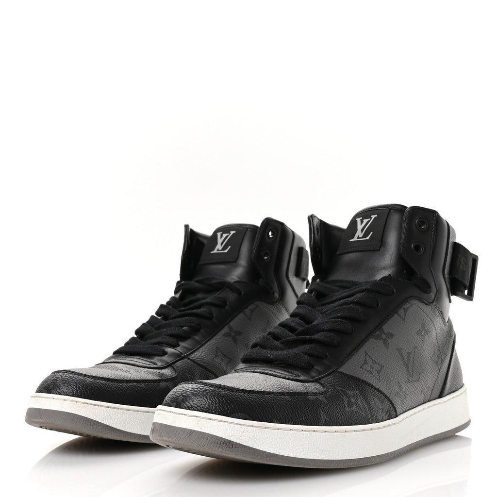 Louis Vuitton Calfskin Monogram Eclipse Mens Rivoli High Top Sneakers 10 Black Grey