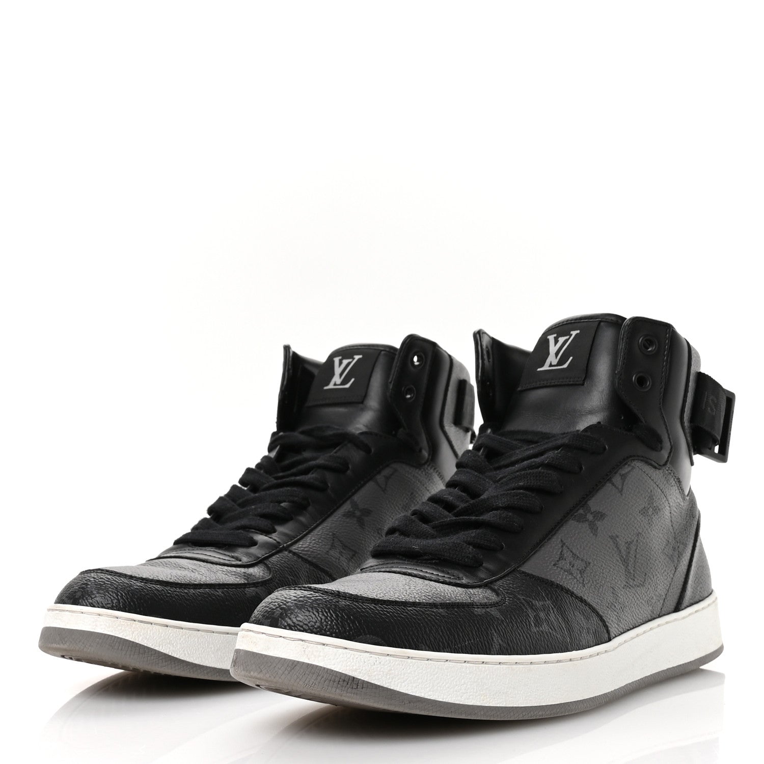 Louis Vuitton Calfskin Monogram Eclipse Mens Rivoli High Top Sneakers 10 Black Grey