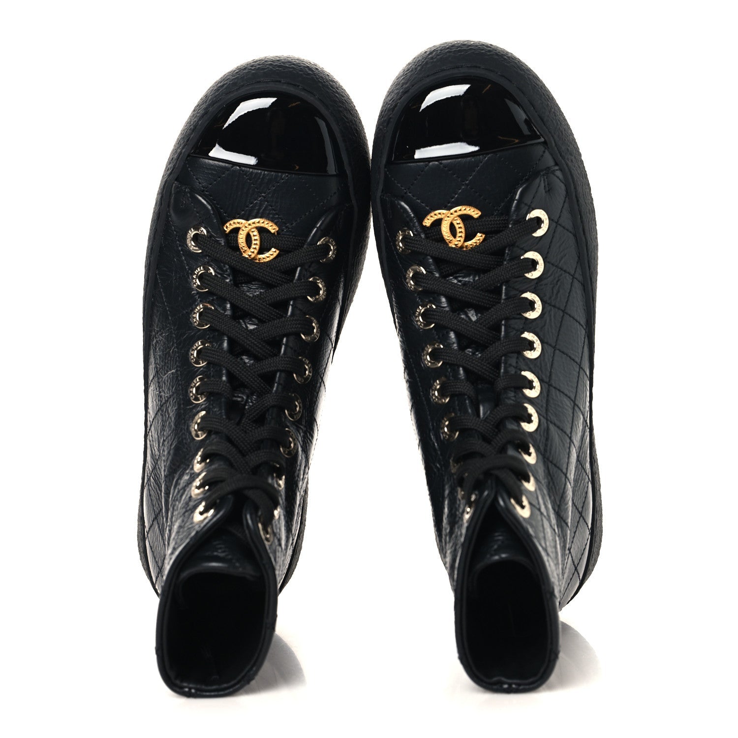 Crumpled Lambskin Patent Cap Toe CC Stitched High Top Sneakers 37.5 Black