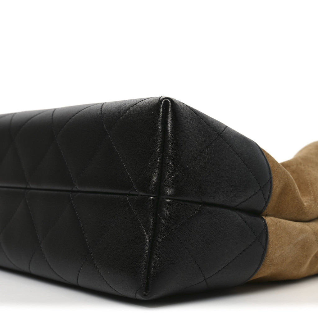 Chanel Suede Calfskin Shiny Lambskin Quilted Small Coco Base Shopping Bag Beige Black