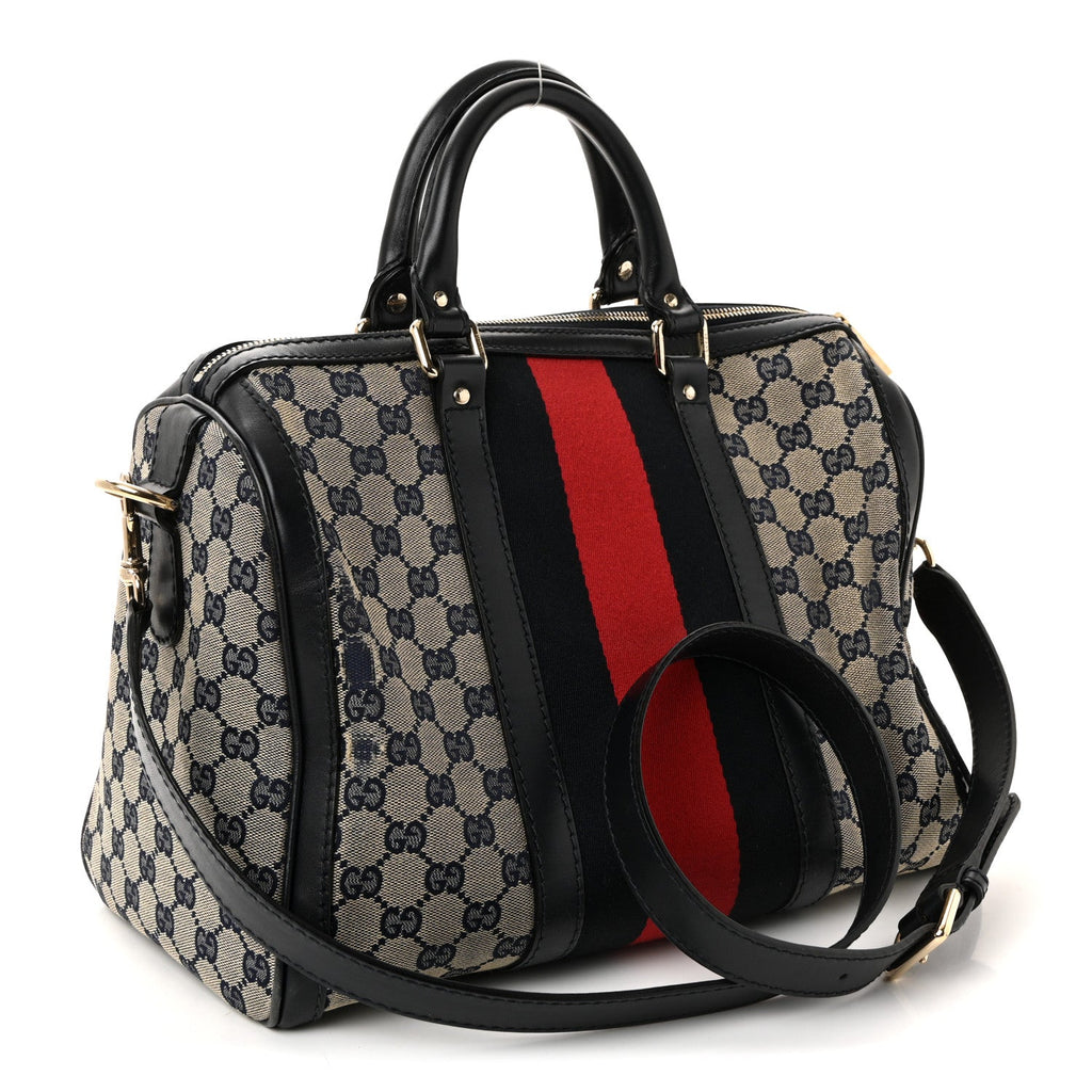 Gucci Monogram Selleria Calfskin Vintage Web Medium Boston Beige Blue